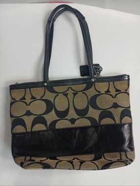 Coach Signature Tote Bag | Brown Canvas Leather Trim | Classic Shoulder Handbag